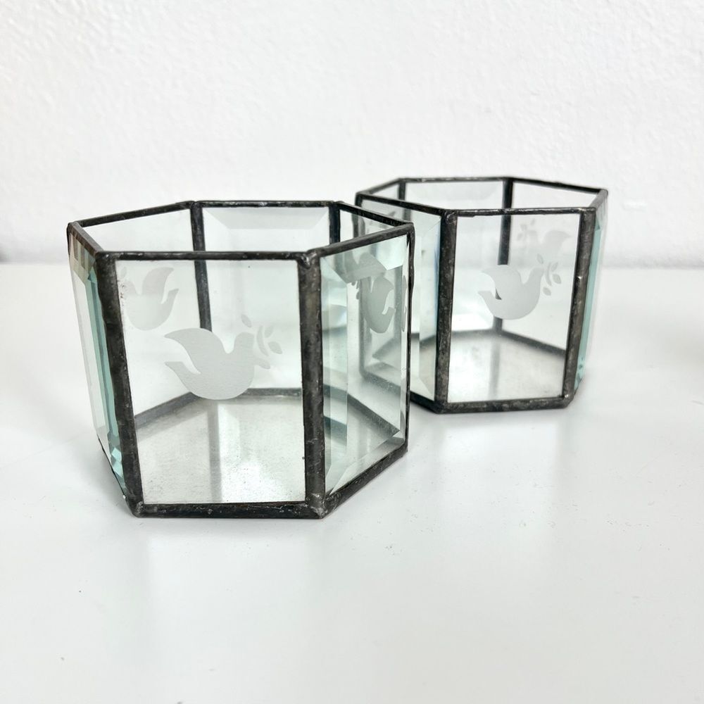 Vintage Set Lead Glass Hexagonal Candle Holders with Dove Design